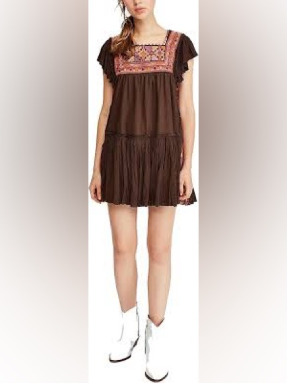 Free People Day Glow Mini Dress Brown‎ Embroidered Yoke Small
